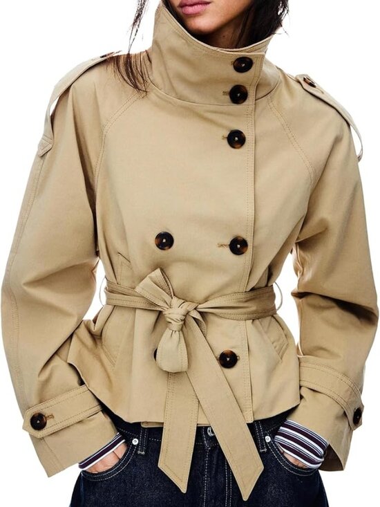 Jackets & Blazers - Women's Cropped Trench Coat Double Breasted Short Jacket High Collar Fall Winter